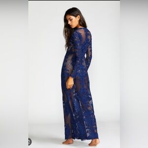 For Love & Lemons Temecula Dark Blue Sheer Maxi Dress (M) - Built-in Bodysuit
